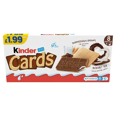 Kinder Cards Cocoa and Milk Wafers Biscuits 8 x 12.8g (102.4g)