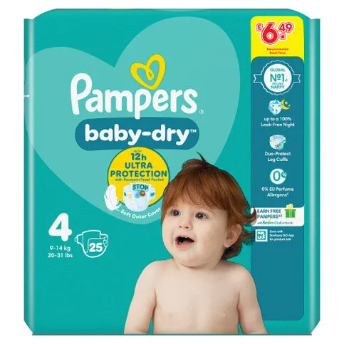Pampers Baby-Dry Size 4, 25 Nappies, 9kg-14kg, Carry Pack