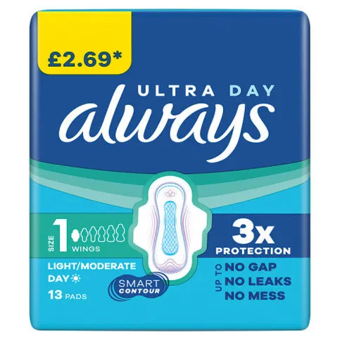 Always Ultra Sanitary Towels Light / Moderate Flow Day (Size 1) Wings 13 Pads For Menstrual Period