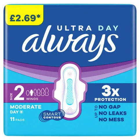 Always Ultra Sanitary Towels Moderate Flow Day  (Size 2) Wings 11 Pads For Menstrual Periods