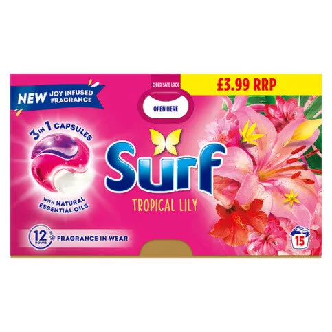 Surf 3 in 1 Laundry Washing Detergent Capsules Tropical Lily 15 washes 