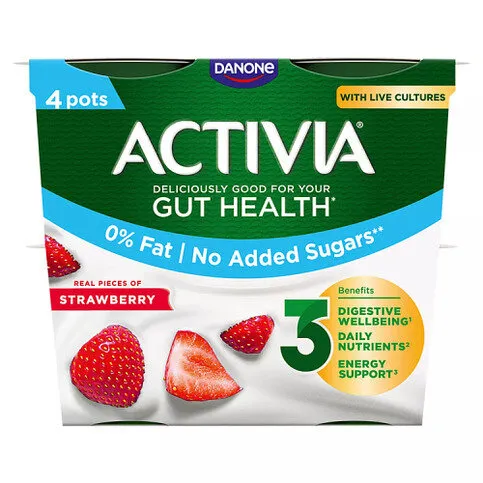Activia Strawberry No Added Sugar Fat Free Gut Health Yoghurt  Multipack 4x115g