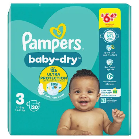 Pampers Baby-Dry Size 3, 30 Nappies, 6kg-10kg, Carry Pack